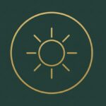 sun icon for summer season in golden colour with pine green backgound